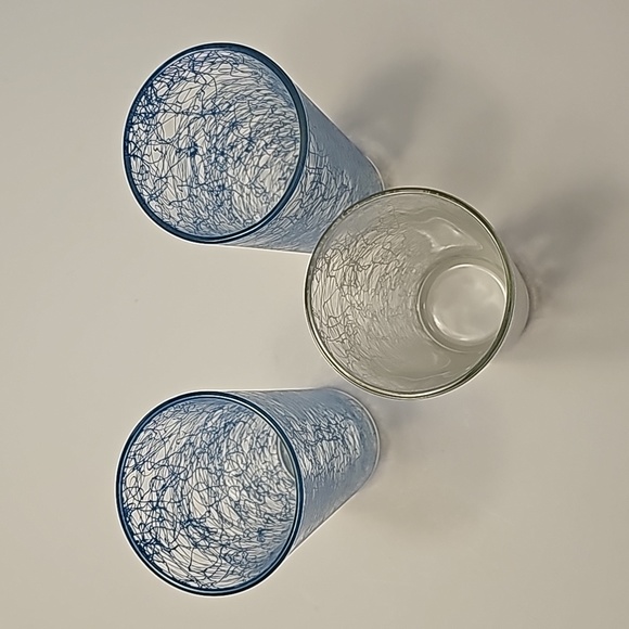 S/3 Vintage Mid Century Spaghetti String Blue White Drinking Glasses Tumblers - Picture 4 of 6